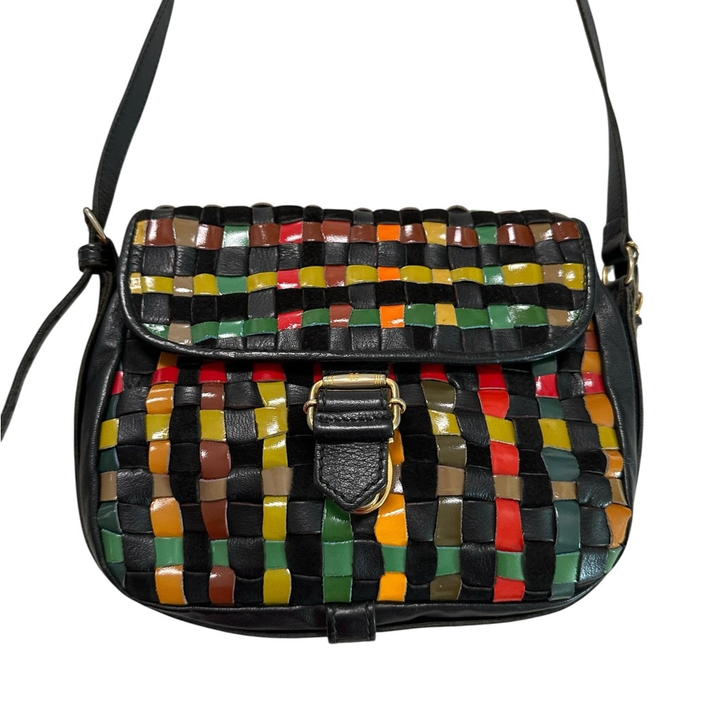 VINTAGE Piero Guidi Magic Circus Woven Leather Crossbody Bag Multicolor Black